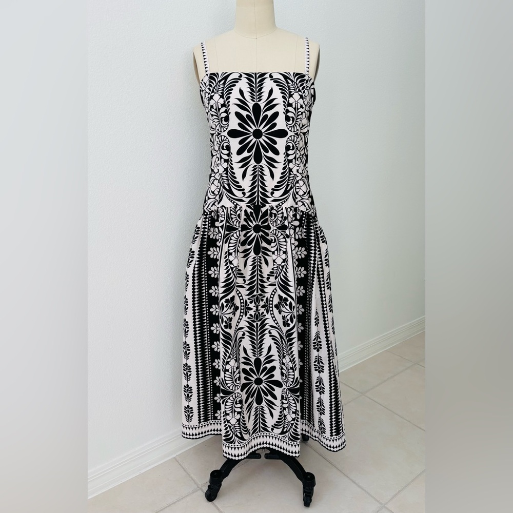 Francesca’s Serena Drop Waist Floral Midi Dress NWT Black & White Cotton L